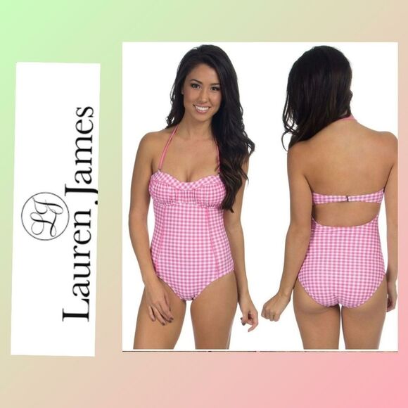 Lauren James Coral Pink Gingham Check One Piece Swimsuit​ NWT. - Picture 1 of 7